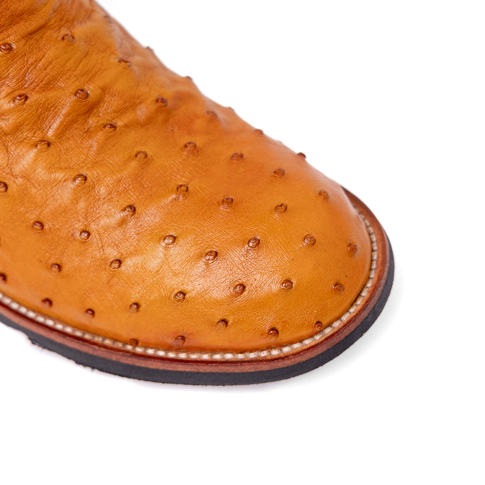 Detalhe do bico redondo da bota masculina strut em couro de avestruz cheio chestnut com cano verde-oliva bordado