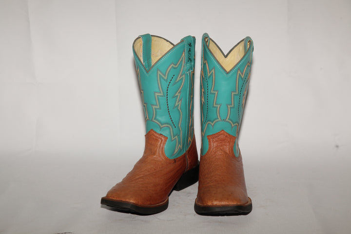 Bota Masculina Strut em Couro de Avestruz Liso Chestnut com Cano Azul Turquesa Bordado vista em três quartos