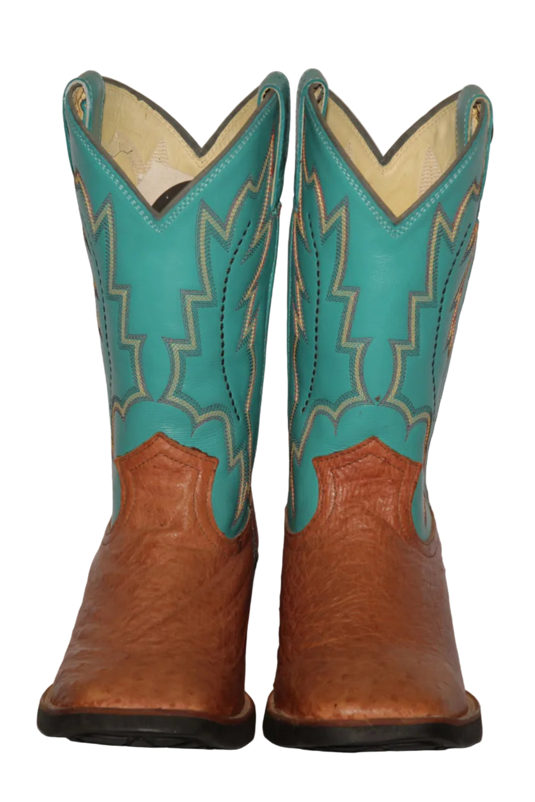 Bota Masculina Strut em Couro de Avestruz Liso Chestnut com Cano Azul Turquesa Bordado vista de frente