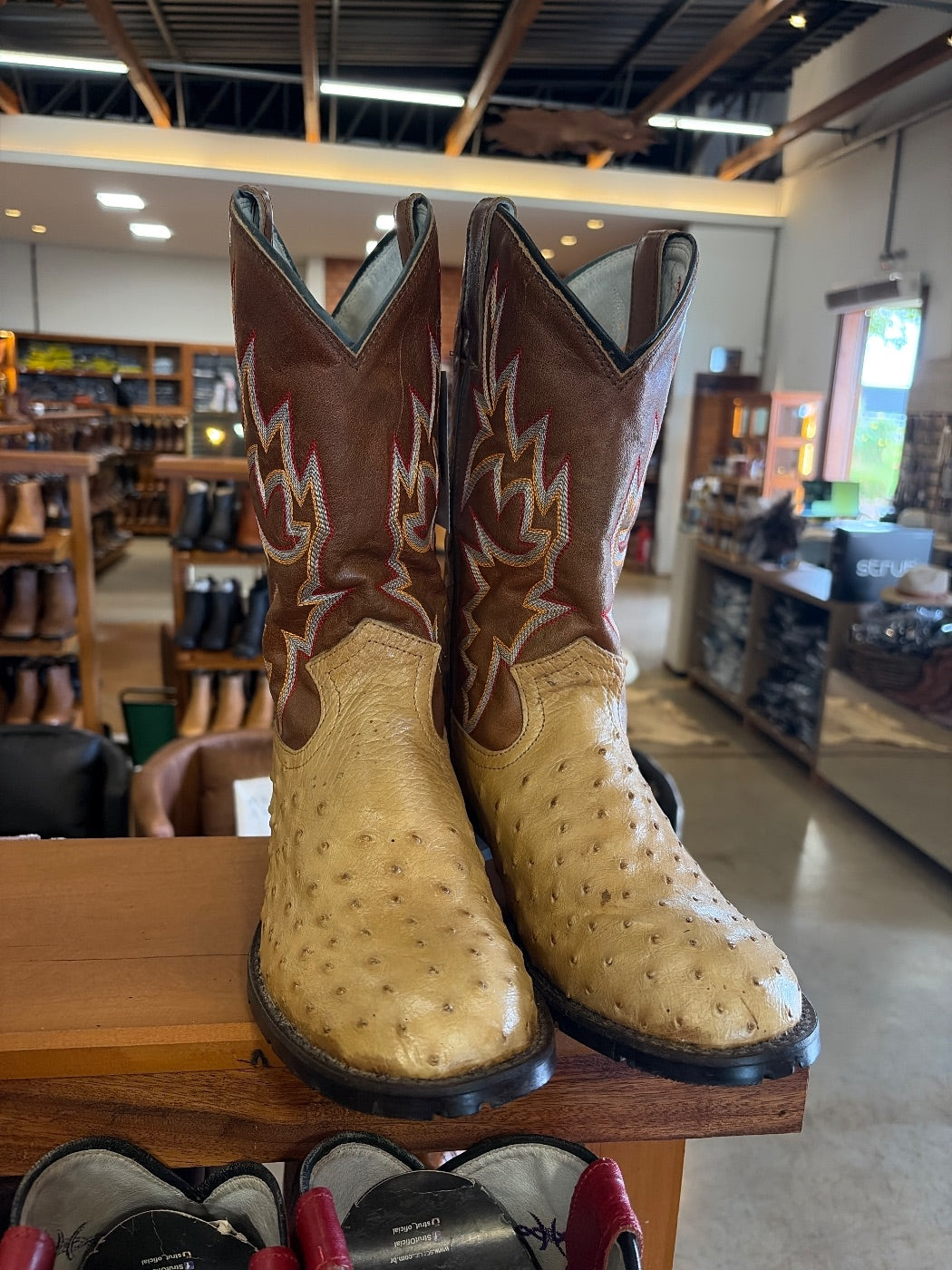 Bota Masculina Strut em Couro de Avestruz Cheio Chestnut com Cano Marrom Bordado Chamas (foto provisória da prateleira)