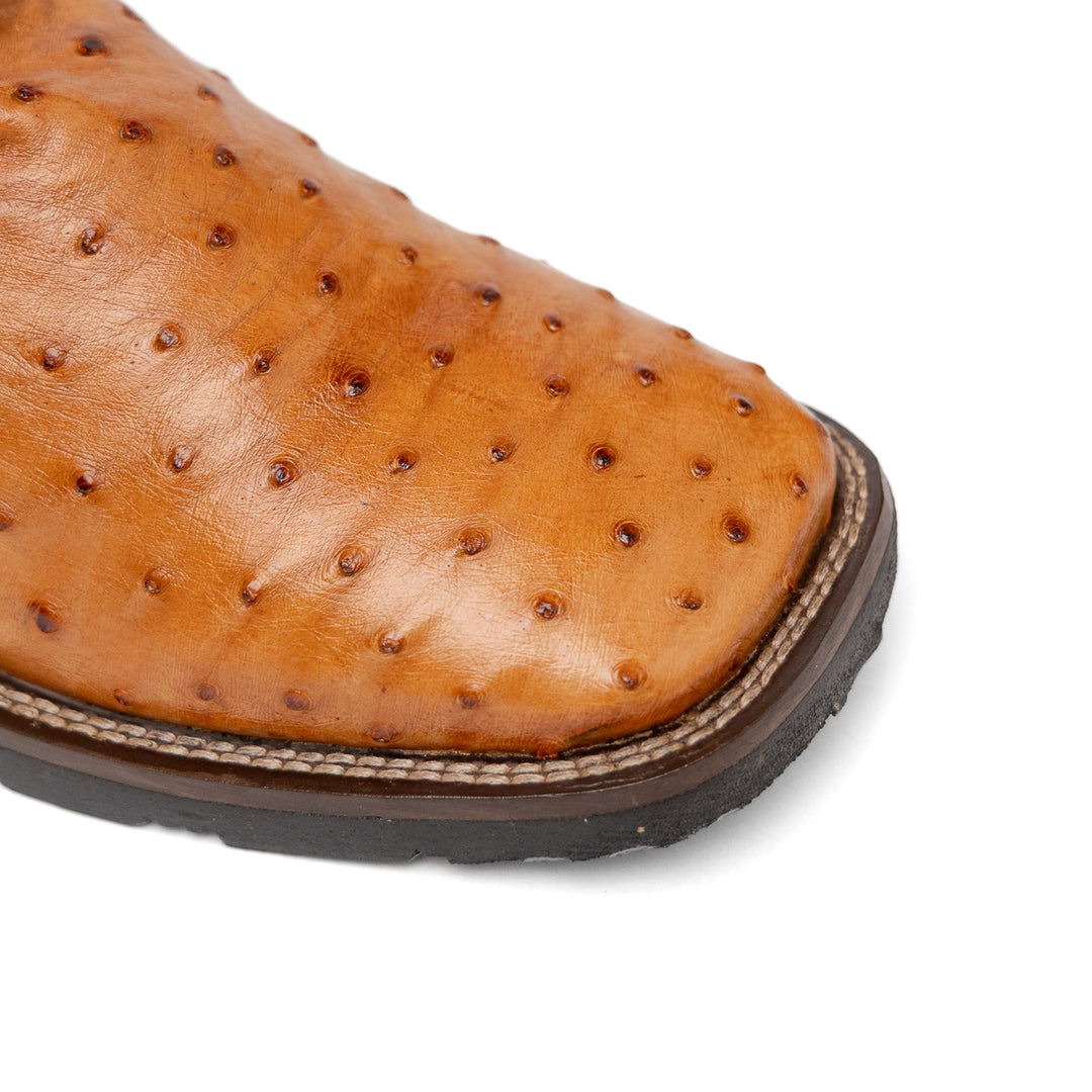 Detalhe do bico quadrado da bota masculina strut em couro de avestruz cheio chestnut com cano caramelo bordado amarelo