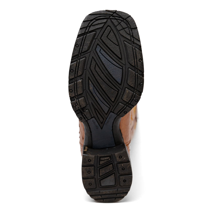 Solado da bota masculina strut em couro de avestruz cheio chestnut com cano caramelo bordado amarelo