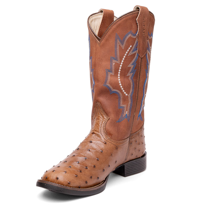 Bota Masculina Strut em Couro de Avestruz Cheio Tabaco com Cano Caramelo Bordado Azul e Bege vista em três quartos