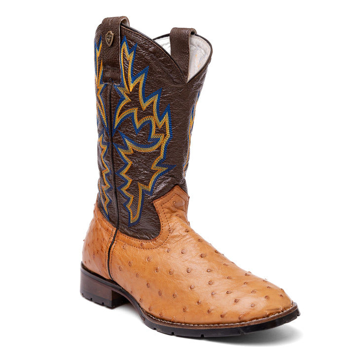 Bota Masculina Strut em Couro de Avestruz Cheio Chestnut com Cano Marrom-escuro Bordado Azul, Amarelo e Vermelho vista em três quartos