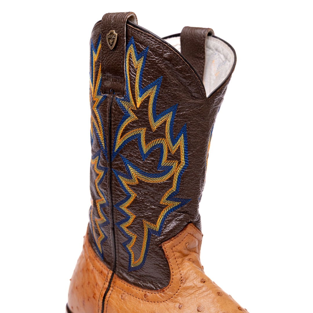 Detalhe do cano da bota masculina strut em couro de avestruz cheio chestnut com cano marrom-escuro bordado azul, amarelo e vermelho